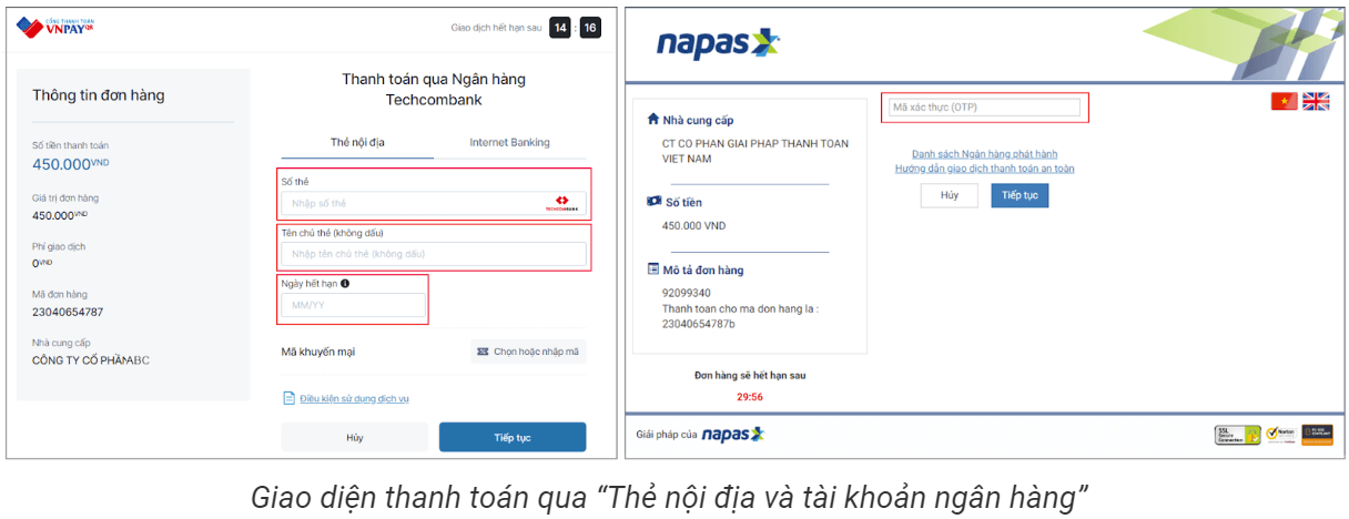 Các bước thanh toán bằng thẻ nội địa và tài khoản ngân hàng